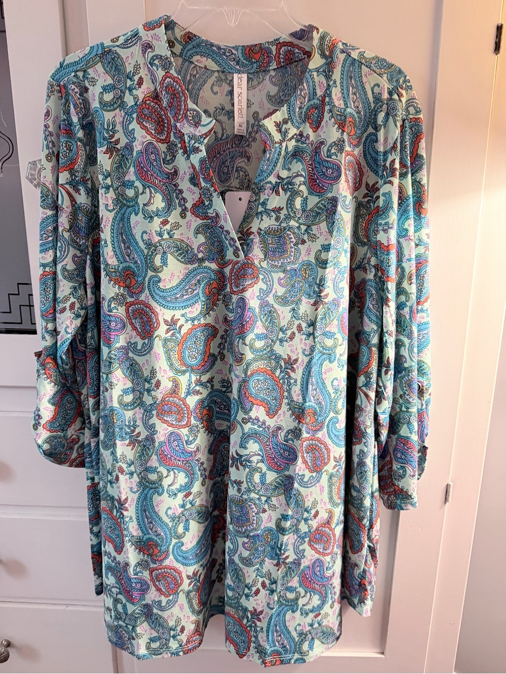 Dear Scarlett Light Aqua Paisley V-Neck Tunic Top - Picture 3 of 10
